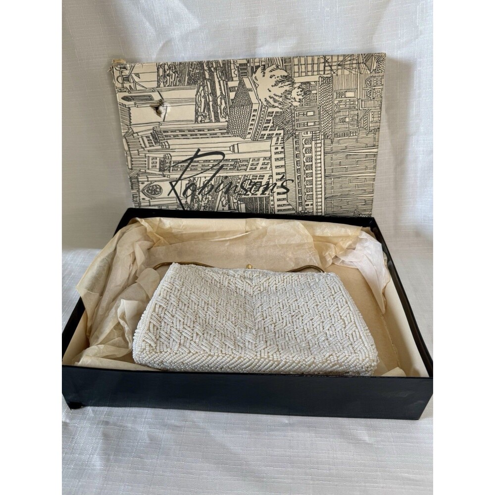 Vintage ADG Evening Bag White Beads Original Box Gold Tone Metal Chain Handle